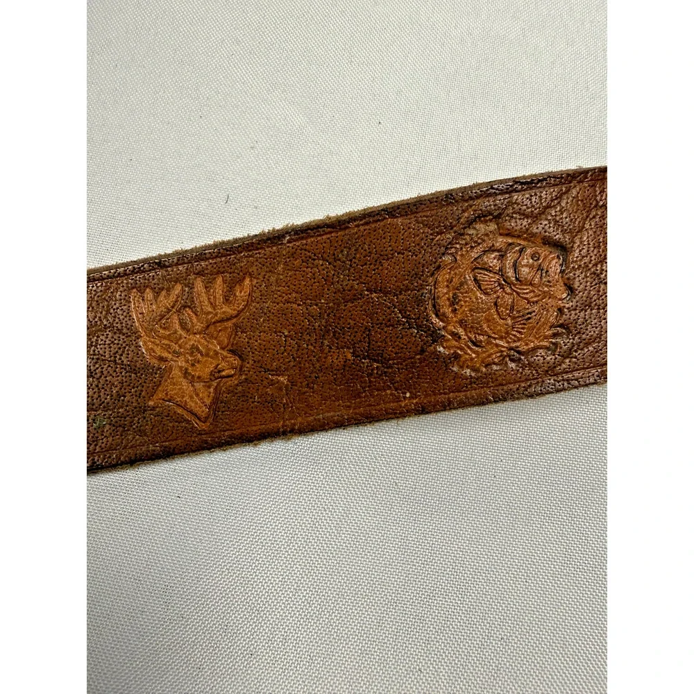 Vintage Leather Tooled Fish Deer Hunting Belt Personalized Wayne 44